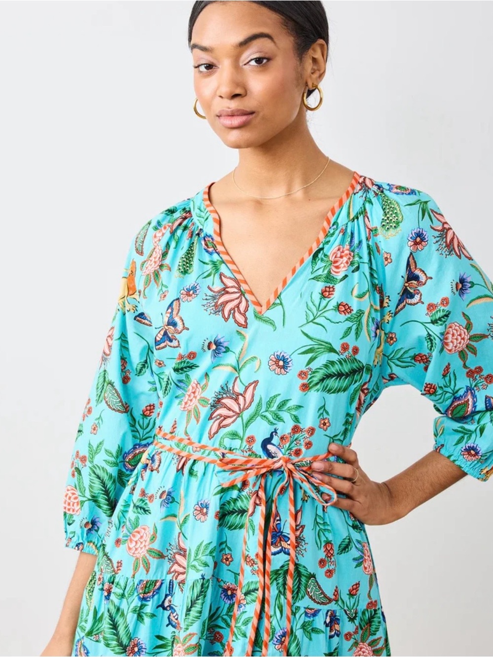 Printfresh Turquoise Floral V-Neck Dress with Orange Trim